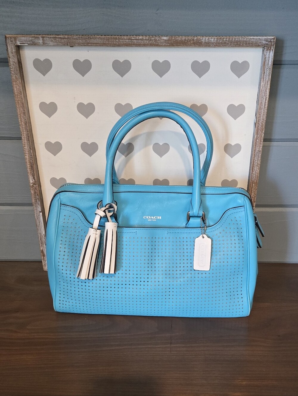 Coach Blue Perforated Leather Purse with Tassel